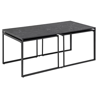 Abbildung von AC Design Furniture Ingelise rechteckiger Couchtisch 3er Set, schwarze Tischplatte im Marmor Look mit schwarzen Metallbeinen, Industriedesign, Möbel für kleine Räume