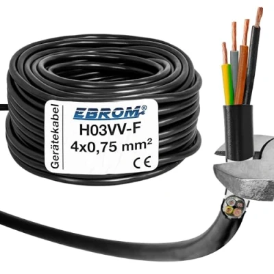 Abbildung von EBROM Kunststoff Schlauchleitung RUND, LED Kabel, Stromkabel, Leitung, Gerätekabel H03VV F 4x0,75 mm² Farbe: schwarz, viele Längen in 5 m Schritten bis 250 Meter 4G0,75 mm2, Ihre Kabellänge: