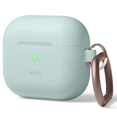 Abbildung von elago Silikonhülle mit Karabiner, kompatibel AirPods 3 Premium Silikon, kabelloses Laden verfügbar, stoßfest, Mintgrün