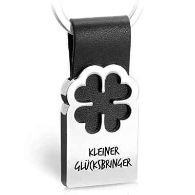 Abbildung von FABACH Kleeblatt Glücksbringer Schlüsselanhänger mit Gravur aus Leder Viel Erfolg Prüfung Glück Abitur Gute Reise Anhänger als Abschiedsgeschenk Kleiner