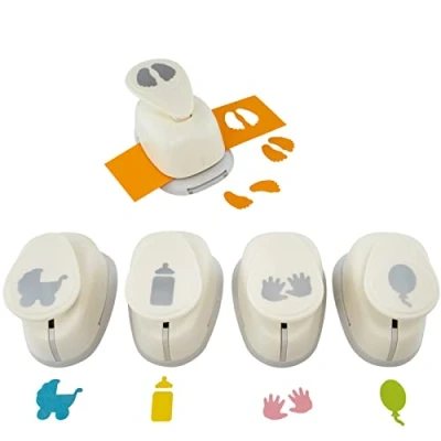 Abbildung von MCE Commerce A689935 Motivstanzer Set shower, Neugeborenes, Baby Party, 5 Motive 2,54cm Füße, Flasche, Kinderwagen, Hände, Ballon, Kunststoff, weiss