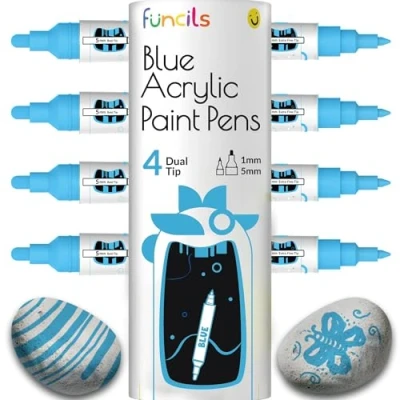 Abbildung von 4 Dual Tip Blaue Metallic Acrylmarker Feine &amp; Mittlere Spitzen Stifte für Metall, Holz, Leinwand, Stein, Keramik, Glas, Stoff, Kunststoff Wasserbasierte, Schnelltrocknende Tinte