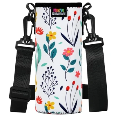 Abbildung von Nuovoware Trinkflaschenhalter, Premium Neopren Tragbare Isolierte Trinkflaschenhalter Tasche mit Verstellbarem Schultergurt, Edelstahl, Glas / Plastikflaschen, Großformat, Mehrfarbige Blumen