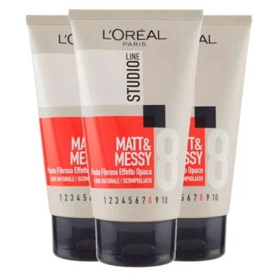 Abbildung von L&#039;Oréal Paris Studio Line Matt&amp;Messy Faserpaste, Matt Effekt, wilder Look, Halt 8, sehr stark, 3 Flaschen à 150 ml