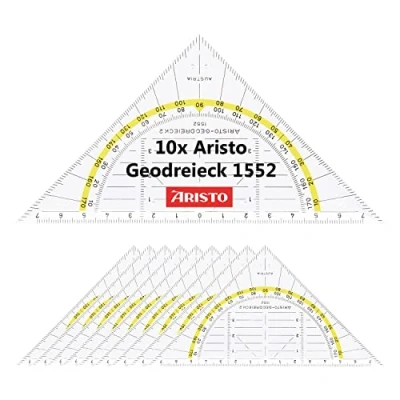 Abbildung von Aristo AR1552 Geodreieck (Hypotenuse 16 cm, Tuschenoppen, Facette an der Hypotenuse, Plexiglas mit Tiefenprägung, Made in Austria) transparent, 10 Stück