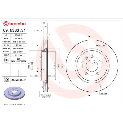 Abbildung von BREMBO 09.N363.31 Bremsscheibe 315 23 5 innenbelüftet beschichtet OPEL: Insignia B Sports Tourer, Grand Sport
