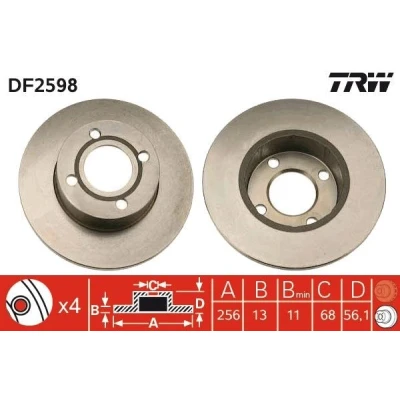 Abbildung von TRW DF2598 Bremsscheibe 256 13 4 108 voll lackiert AUDI: 80 B4 Saloon, Avant