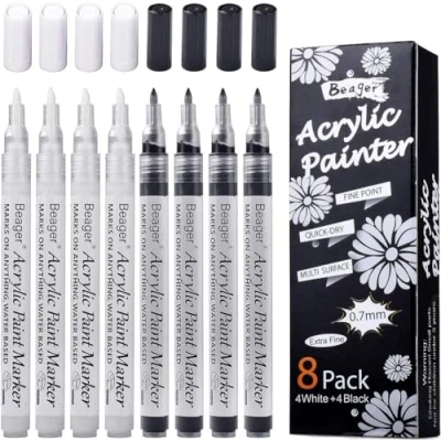 Abbildung von Schwarz Weiß Acrylstifte, 0,7mm Permanent Marker Stifte Wasserfest Acrylfarben Steine Bemalen für Keramik Holz Metall Papier Glas Stoffe Kunststoff Leder DIY 8 Pack