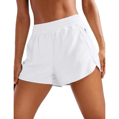 Abbildung von CRZ YOGA Damen Kurz Sporthose Laufhose High Waist Fitness Sport Shorts Kurze Hose mit Reißverschlusstasche Weiss 36