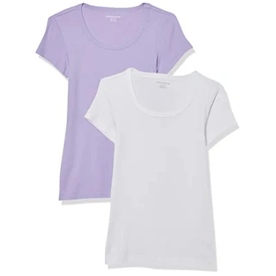 Abbildung von Amazon Essentials Damen T Shirt mit Flügelärmeln und U Ausschnitt in schmaler Passform, 2er Pack, Weiß/Lavendel, XXL