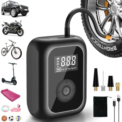 Abbildung von Elektrische Fahrradpumpe 6000mAh, Luftpumpe Mini Kompressor für Reifen 10,3 bar, Kabelloser Tragbare Akku mit Autostop, 150PSI Auto Fahrrad Motorrad Bälle