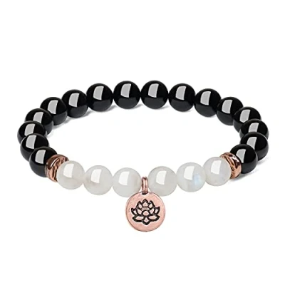 Abbildung von COAI Geschenkideen Yoga Armband aus Schwarzem Turmalin Schörl und Mondstein mit Lotus Charm für Damen