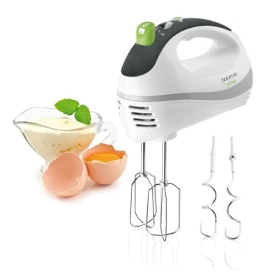 Abbildung von Taurus Handmixer elektrisch 300 W 5 Geschwindigkeitsstufen Turbofunktion 2 verschiedene Aufsätze Knethaken und Rühraufsätze abnehmbar spülmaschinengeeignet BPA frei Edelstahl weiß