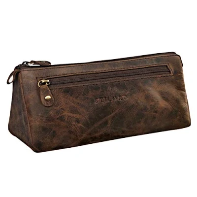 Abbildung von STILORD &#039;Alexis&#039; Vintage Leder Etui Stiftemappe mit 2 Fächern und Reißverschluss Federtasche Federmäppchen Schlampermäppchen Echtes Leder, Farbe:Sepia braun