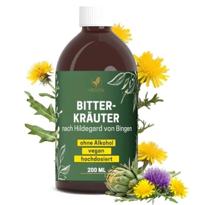 Abbildung von Vitactiv BITTERKRÄUTER Bittertropfen Ohne Alkohol, 200ml (117 Tage) Erlesene Kräuter plus Cholin, Zink Bitterstoffe Tropfen nach Hildegard von Bingen Künstliche Zusätze, Zuckerfrei, Vegan