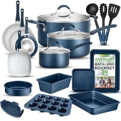 Abbildung von NutriChef 20 Teiliges Topfset, Pfannenset &amp; Backformen Set Antihaft PFOA/PFOS freies Kochgeschirr Induktions Töpfe Pfannen: Kuchenbackform rund, Kastenform, Bratform, Muffinform, Backblech Co
