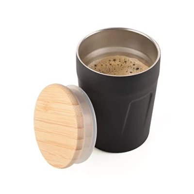 Abbildung von Troika Thermobecher mit Deckel für Heißgetränke aus Edelstahl und Bambus in der Farbe Schwarz Braun 160ml, CUP75/BK