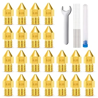 Abbildung von MMOBIEL 20 Stück Extruder für Druckerdüsen E3D, 0.25 mm, Messing, E3D V5 V6 3D Filament 1,75 inkl. 5 Reinigungsnadeln und Schraubenschlüssel