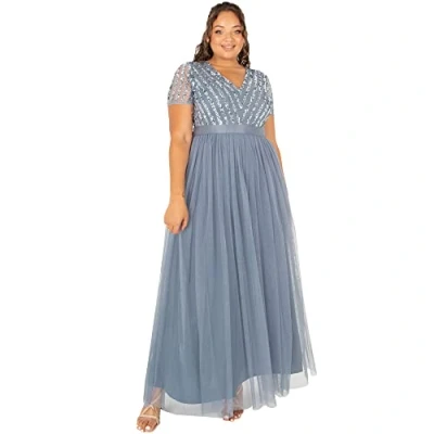 Abbildung von Maya Deluxe Damen Maxi Abendkleid Hochzeit V Ausschnitt Brautjungfernkleid Empiretaillierung Elegantes Abschlussball Bridesmaid Dress, Dusty Blue, 36