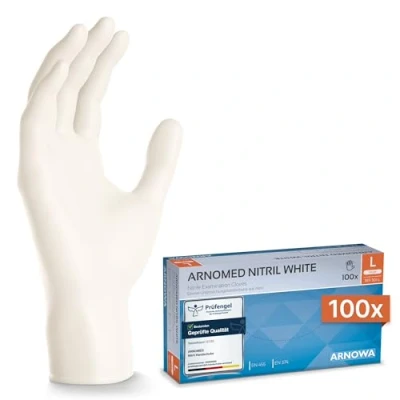 Abbildung von ARNOMED Nitril Einmalhandschuhe 100 Stück/Box, L, weiß, latexfreie Einweghandschuhe, puderfreie Nitrilhandschuhe, in Gr. S, M, L &amp; XL verfügbar