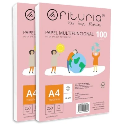Abbildung von Packung mit 500 weißen DIN A4 Blättern, 100g Druckerpapier. Multifunktionales Kopierpapier für Schule und Büro. Ideal Laserdrucker, Tintenstrahldrucker oder Kopierer Ofituria