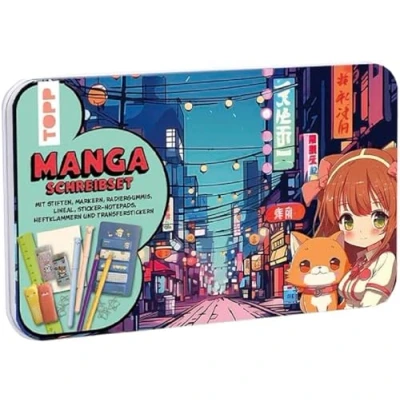 Abbildung von TOPP Manga Schreibset: Stifte, Marker, Radiergummi, Lineal, Heftklammern, 2 Transferstickerbogen, Haftnotizen