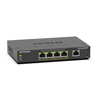 Abbildung von NETGEAR GS305EPP PoE Switch 4 Port Gigabit Ethernet LAN PoE+ 120W Plus (5 Ports Plug and Play, Managed Netzwerk PoE, IGMP Snooping, QoS, VLAN, Lüfterloses Metallgehäuse), Schwarz
