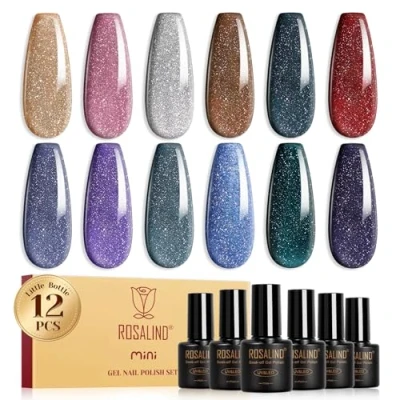 Abbildung von ROSALIND UV Nagellack, 12 Farben Glitzer Braun Silber Rosa Schwarz Rot Violett Gel Nagellack Set, Soak Off Mini Farbgel Gelnägel für Nagel Design Nail Polish Maniküre Geschenk