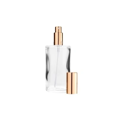 Abbildung von Fantasia Parfum Flakon leer 100ml mit Zerstäuberpumpe, ovale Klarglas Flasche zum selber Befüllen, Zerstäuber und Kappe in Gold, nachfüllbar für (1er Pack)