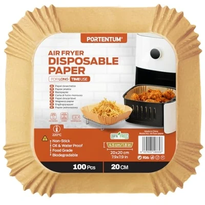 Abbildung von PORTENTUM Backpapier für Heißluftfritteuse 100 Stück BPA frei, 20 24 cm, Airfryer Antihaft Wasserdicht Ölfest Einwegschalen Luftfritteuse Pergamentpapier Liner 4.7L 7.3L2, Quadrat