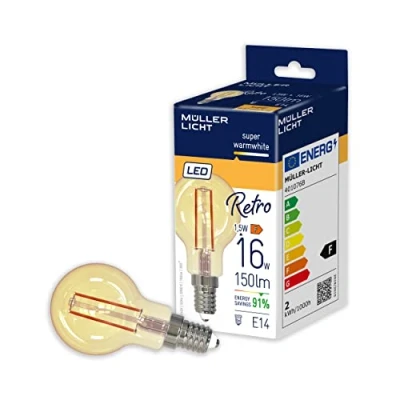 Abbildung von Müller Licht Retro LED G45 Filament Tropfenform E14 gold, 2.2W ersetzt 16W, nostalgisches superwarmweißes (2000K) für ein gemütliches Ambiente, nicht dimmbar, 15000h Lebensdauer, 401076