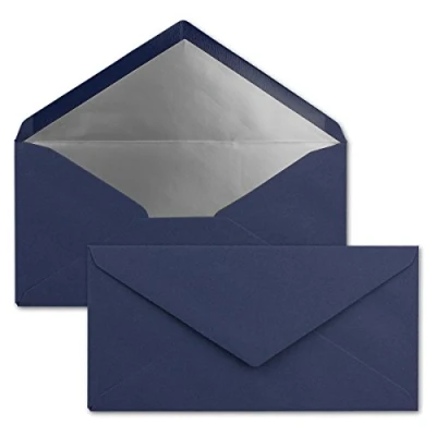 Abbildung von 15 Brief Umschläge DIN Lang Dunkel Blau/Nachtblau mit Silber Metallic Innen Futter 110 x 220 mm Nassklebung festliche Kuverts für Weihnachten