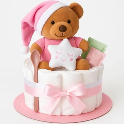 Abbildung von Windeltorte Mädchen in Rosa Handgefertigtes Baby Geschenk zur Geburt &amp; Taufe mit Kuscheltier, Pampers, Glückwunschkarte Babyparty Geschenkidee