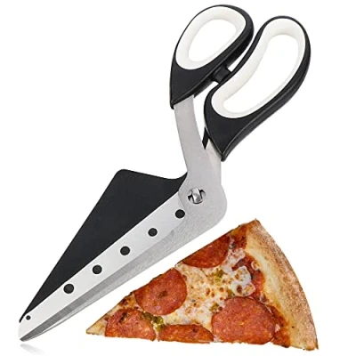 Abbildung von com four® Pizzaschere mit Servierfläche, Pizzaschneider Edelstahl Klingen und integrierter Pizzaschaufel (1x 30.5 cm)
