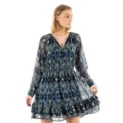 Abbildung von ONLY Damen Onlviva Life L/S Layer Dress Ptm Sommerkleid, Forever Blue/AOP:Ethnic Rebel, Small