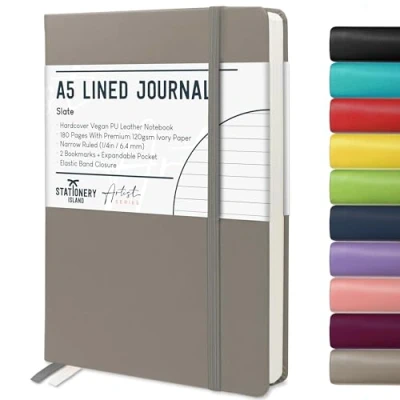 Abbildung von STATIONERY ISLAND Notizbuch a5 Liniert, Journal Hardcover mit 120 g/m² Dickem Papier, 180 Seiten Tagebuch, Notebook für Mädchen, Reisetagebuch, Planen, Lernen, Grau
