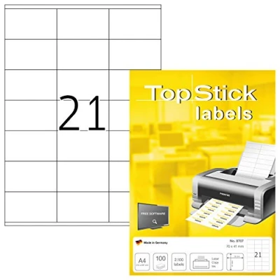 Abbildung von TopStick 8707 Adressetiketten, 100 Blatt, 70 x 41 mm, 21 pro A4 Bogen, 2100 Stück, selbstklebend, bedruckbar, matt, blanko Papier Adressaufkleber Etiketten, weiß