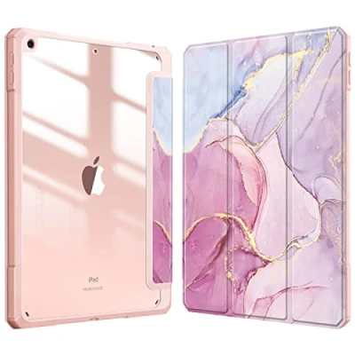 Abbildung von Fintie Hybrid Hülle für 10.2 Zoll iPad 9. Generation 2021/8. Gen 2020/7. 2019 mit Stifthalter Stoßfeste Schutzhülle transparenter Hartschale auf der Rückseite, Rosa Marmor