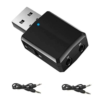 Abbildung von EasyULT USB Bluetooth 5.0 Adapter, 3 in 1 Empfänger und Transmitter, Tragbarer Mini Audio Adapter Sender Receiver mit 2X 3.5mm Digitales Audiokabel für PC/Kopfhörer/TV/Auto(schwarz)