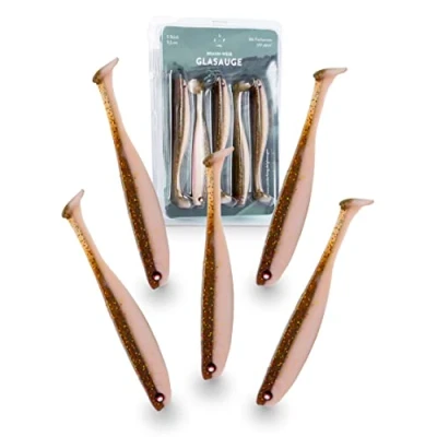 Abbildung von Zanderfang Glasaugen Gummifische Gummi Köder für Zander und Barsch mit Fischaroma aromatisiert UV Aktivität 5er Set Braun/Weiß