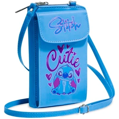 Abbildung von Disney Stitch Umhängetasche Mädchen, Handytasche zum Umhängen mit Kartenfächern &amp; Schultergurt (Blau)