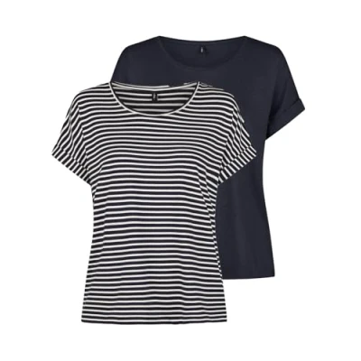 Abbildung von ONLY Damen O Neck Top T Shirt Moster 2er Pack Basic Kurzarm Rundhals Regular Fit Oberteil Sommer Streifen Blau Rose Grün Schwarz XS S M L XL XXL, Größe:S, Farbe:Night Sky w/cd Stripes