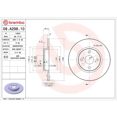 Abbildung von BREMBO 08.A298.10 Bremsscheibe 266 9 4 voll TOYOTA: Corolla VIII Saloon, Estate, Liftback
