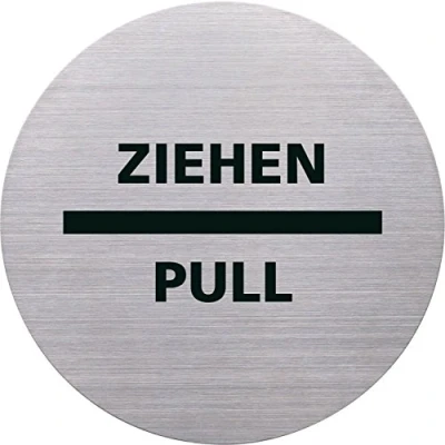 Abbildung von helit H6271800 Piktogramm Ziehen / Pull, Ø115 mm, selbstklebend mit Klebepad, Edelstahl