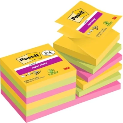 Abbildung von Post it Super Sticky Z Notes Carnival Collection, Vorteilspackung mit 8 Blöcken + 4 Gratisblöcke, 90 Blatt pro Block, 76 mm x mm, Gelb, Grün, Pink Für Notizen, To Do Listen &amp; Erinnerungen, Mittel