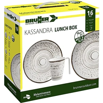 Abbildung von BRUNNER Campinggeschirr Set (Set 16 Stück) für 4 Personen Lunchbox Kassandra aus hochwertigem Melamin, rutschfest und langlebig