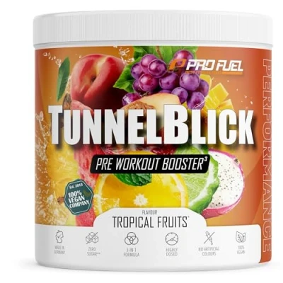 Abbildung von Pre Workout Booster TROPICAL FRUITS 440g unglaublich lecker TUNNELBLICK Trainingsbooster mit Citrullin, Arginin, Taurin, Koffein, Guarana und Magnesium optimal hochdosiert 100% vegan