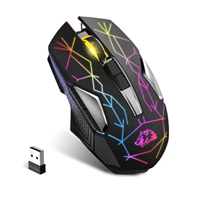 Abbildung von KUIYN X18 Kabellose Gaming Maus 2,4 G, wiederaufladbar, 600 mAh Lange Lebensdauer, 7 RGB Lichter, 2400 DPI, intelligente Energieeinsparung, leises Klicken, USB Empfänger, optisch, für PC/Mac/PS4/XBOX