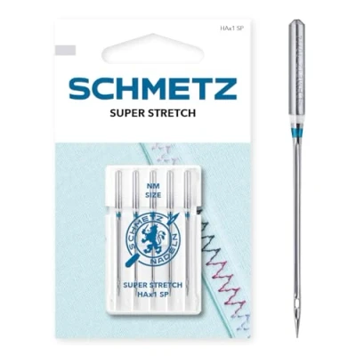 Abbildung von SCHMETZ Nähmaschinennadeln 5 Super Stretch Nadeln Nadeldicke 65/9 HAx1SP auf jeder gängigen Haushaltsnähmaschine einsetzbar für die Verarbeitung elastischer Stoffen mit dickeren Nähfäden