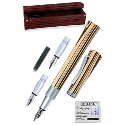 Abbildung von ONLINE Kalligrafie Füllhalter Newood aus Wawa Holz braun I Schönschreibfüller mit den Federstärken 0,8mm 1,4mm 1,8 mm in Bamboo Geschenk Box, incl. 6 Stück Calligraphy Standard Tintenpatronen